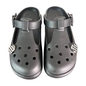 Crocs Stomp Mary Jane Black Platform Clogs Shoes Womens 7 Heart Jibbitz  Buckle